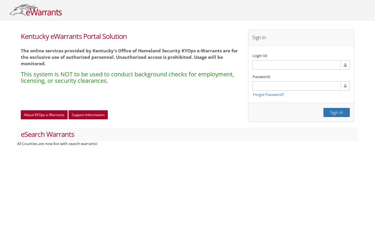 Kentucky eWarrants authorized access screen