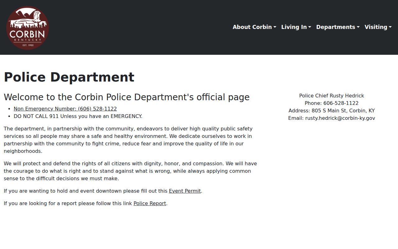 Corbin Police Department official page showing police contact information