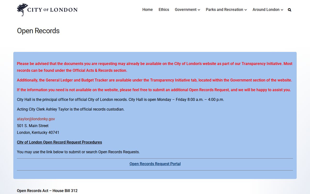 City of London Kentucky official open records request page