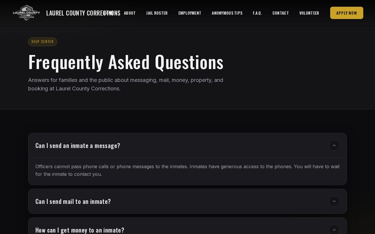 Laurel County Correctional Center arrest intake and booking FAQ
