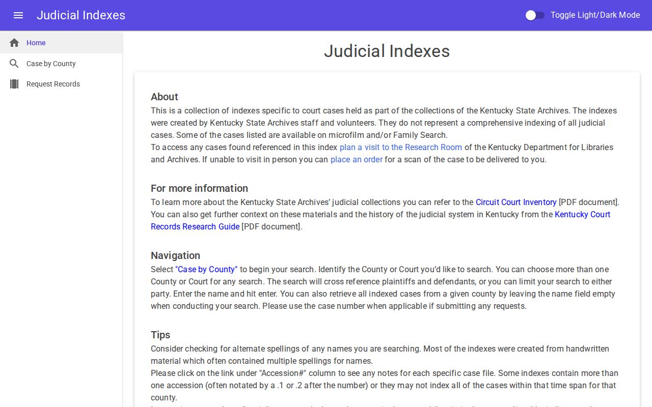 Kentucky Judicial Indexes case search interface