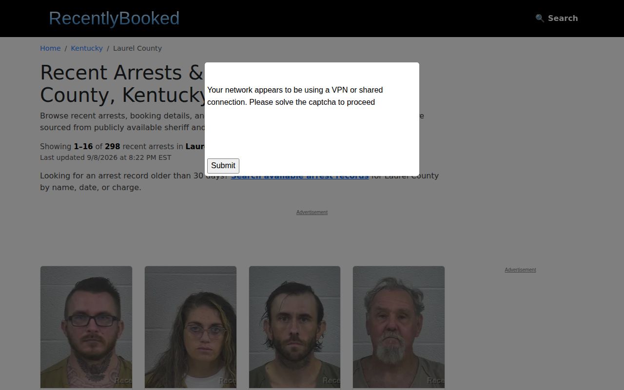 Laurel County unofficial 30-day arrest report archive interface